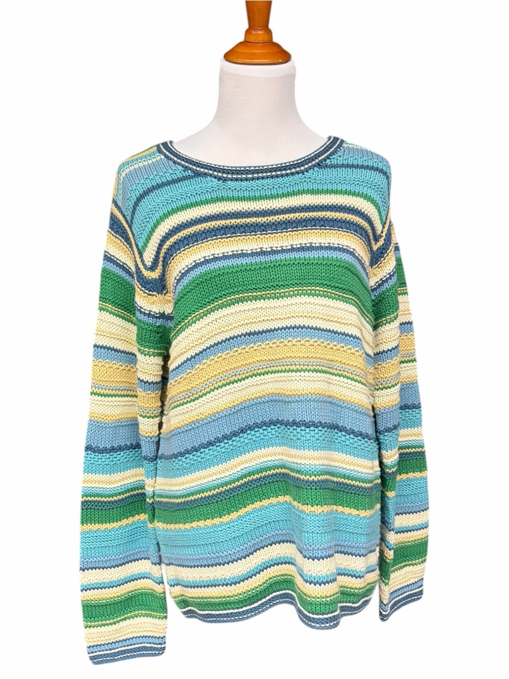 Orvis Multicolor Striped Cotton Open Knit Pullover Sweater Medium, Blue, Green